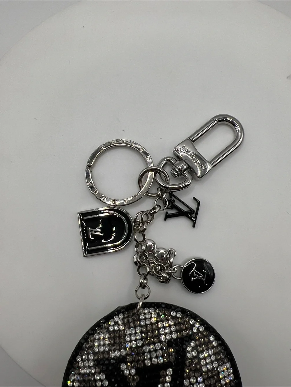 1450. Black and Silver Crystal Monogram Round Key Charm